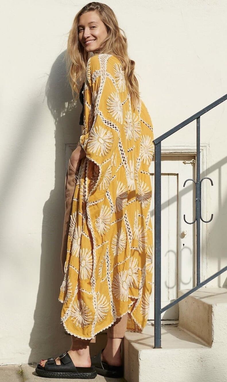Momo New York yellow handmade floral duster kimono